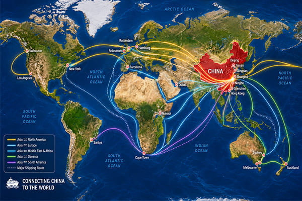 A world map with shipping routes highlighted between China and other continents